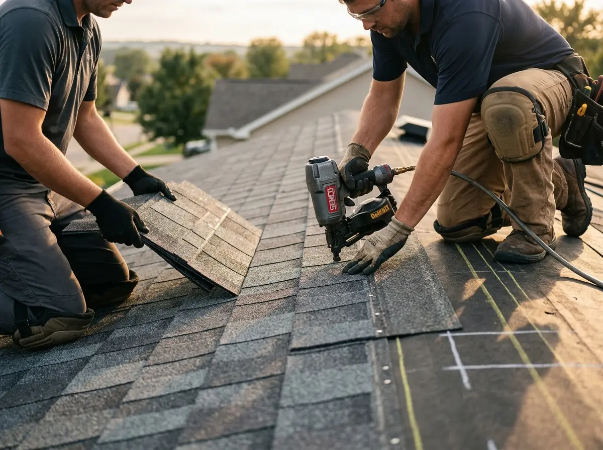 Professional roofer working on a residential roof in Westampton